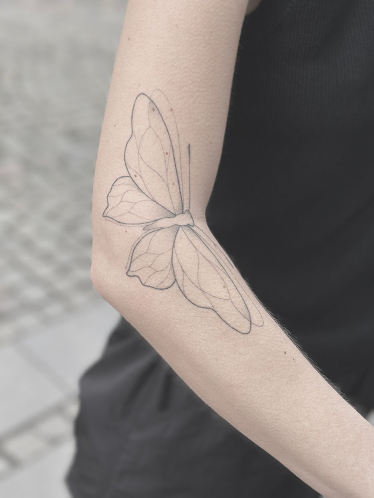 Fineline tatovering af sommerfugl i omrids på underarm