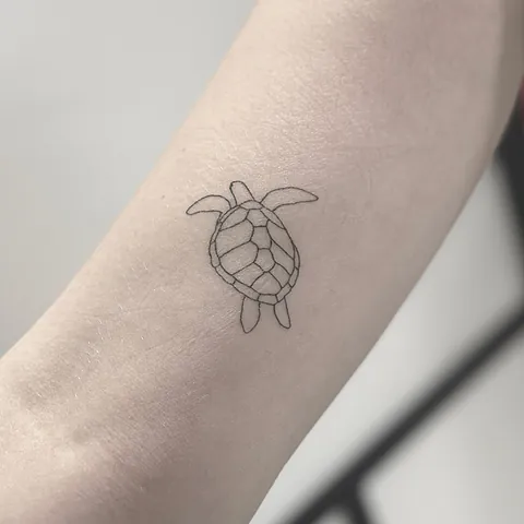 Fineline tatovering af skildpadde i omrids på overarm