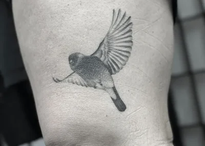 Helet, skyggelagt tatovering af en fugl i flugt på overarmen